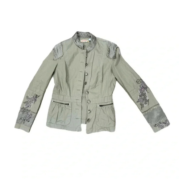 PRINCY By JESSICA SIMPSON Jacket Small Light Olive Floral Embroidery 100% Cotton - Picture 5 of 9